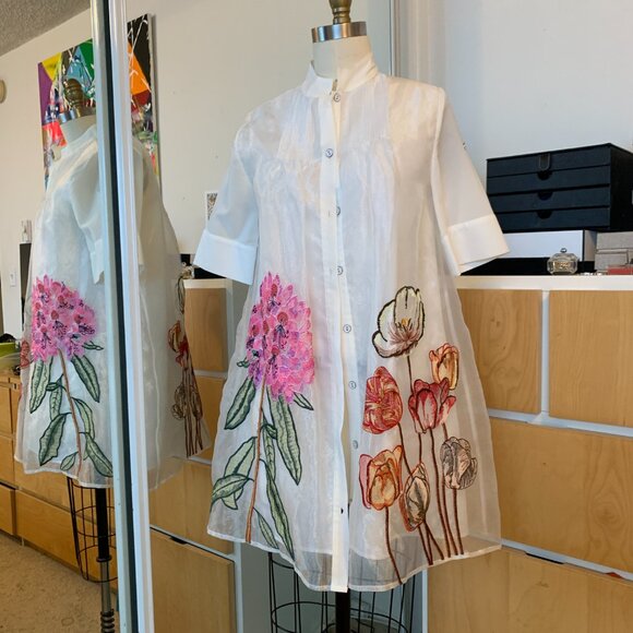 YOOX WHITE FLOWY BUTTON UP FLORAL MINI DRESS - Picture 1 of 16